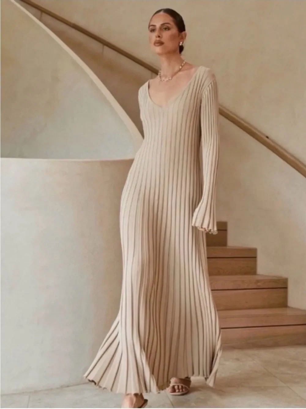 DISSH Reign Ribbed Knit Long Sleeve Midi Dress in “Stone”